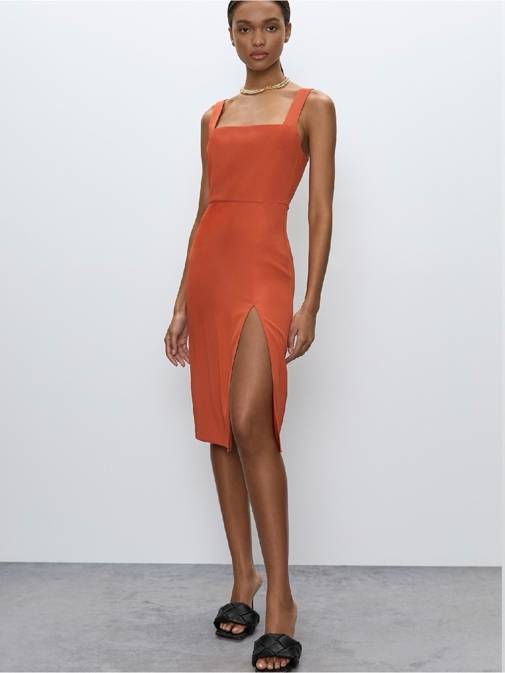Aritzia Babaton 90’s Slit Midi Dress, Sleeveless, Square Neck, Matte Orange, 2